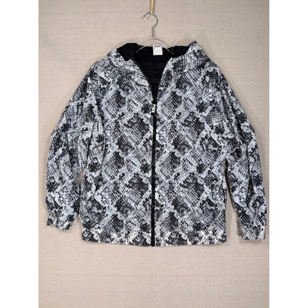 Victoria's Secret PINK Snakeskin Print Hooded Windbreaker Jacket XS Black White